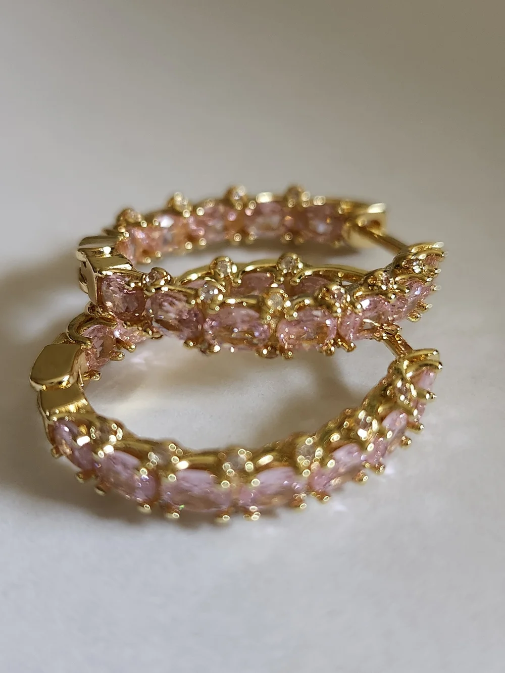 New 18K Gold Plated Double-sided Pink Sapphire Hoop Earrings for Women